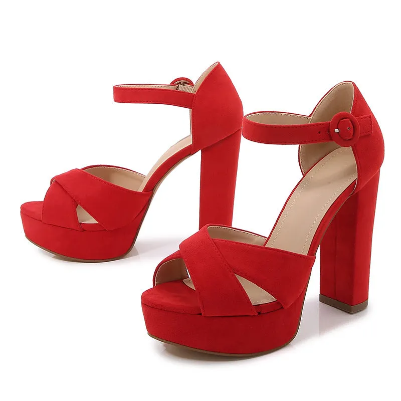 Solid Color Thick Soled Low Cut Fish Mouth Chunky High Heel Sandals
