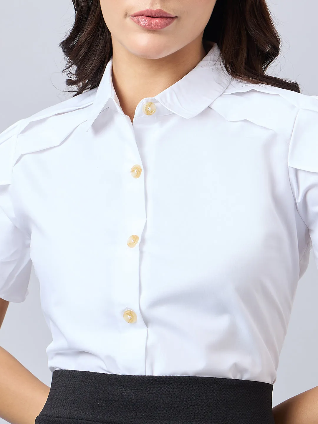 Style Quotient Women Solid White Polycotton Regular Fit Formal Tulip Sleeve Shirt