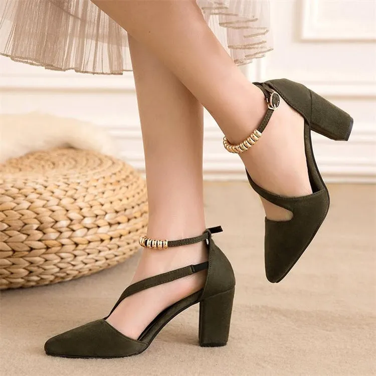 Suede Chunky Heel Piontrd Toe Beadings Ankle Strap Sandals