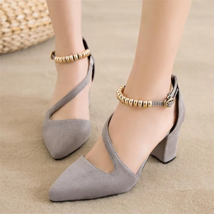Suede Chunky Heel Piontrd Toe Beadings Ankle Strap Sandals