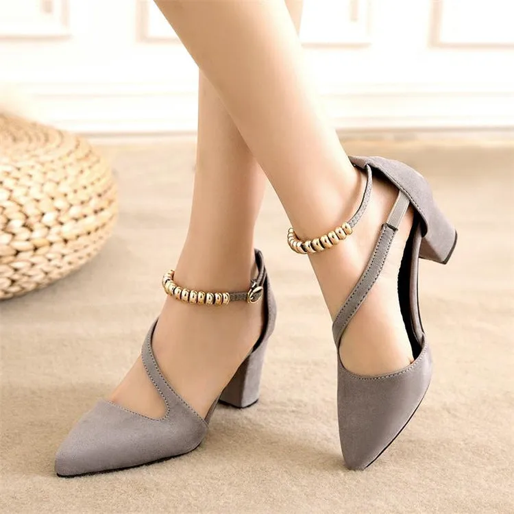 Suede Chunky Heel Piontrd Toe Beadings Ankle Strap Sandals