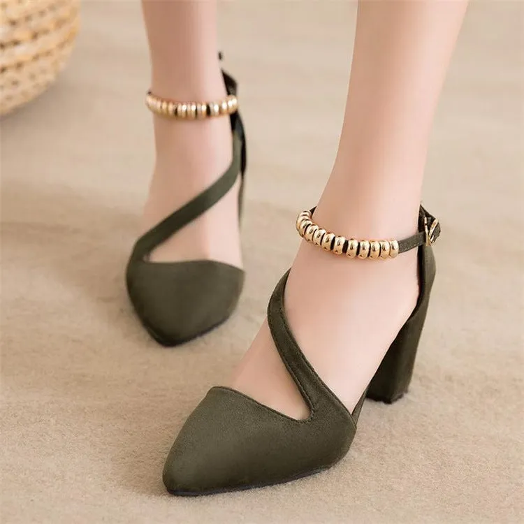 Suede Chunky Heel Piontrd Toe Beadings Ankle Strap Sandals