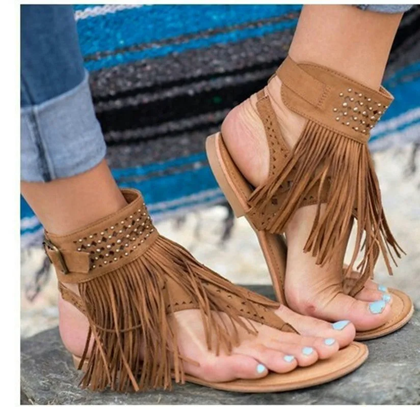 Tassels Ankle Wrap Slip-on Open Toe Flat Sandals