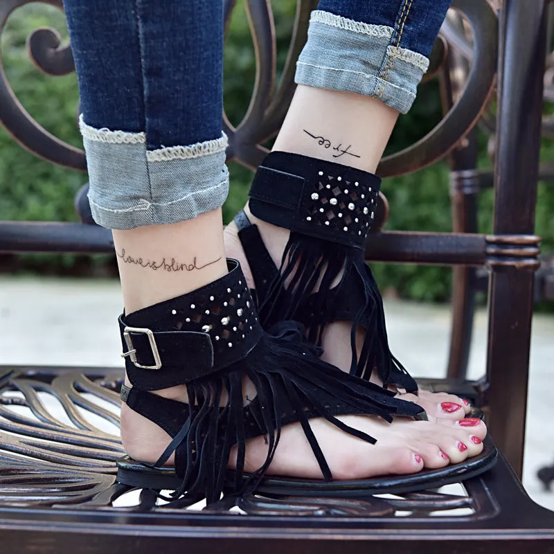 Tassels Ankle Wrap Slip-on Open Toe Flat Sandals