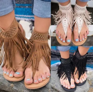 Tassels Ankle Wrap Slip-on Open Toe Flat Sandals