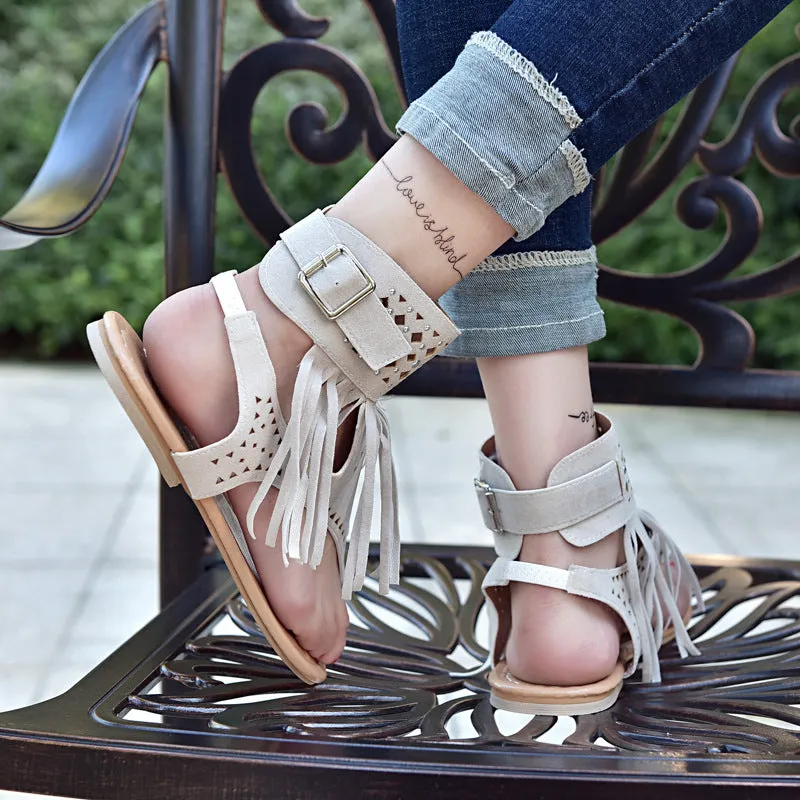 Tassels Ankle Wrap Slip-on Open Toe Flat Sandals