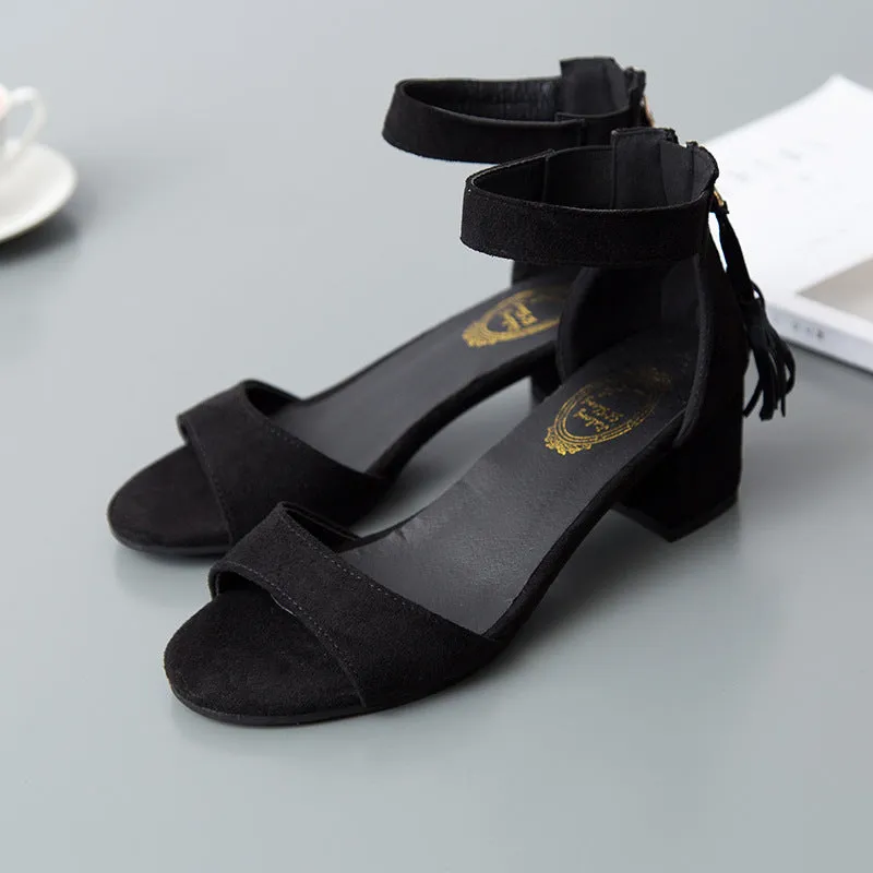 Tassels Back Zipper Open Toe Ankle Wrap Chunky Low Heel Sandals