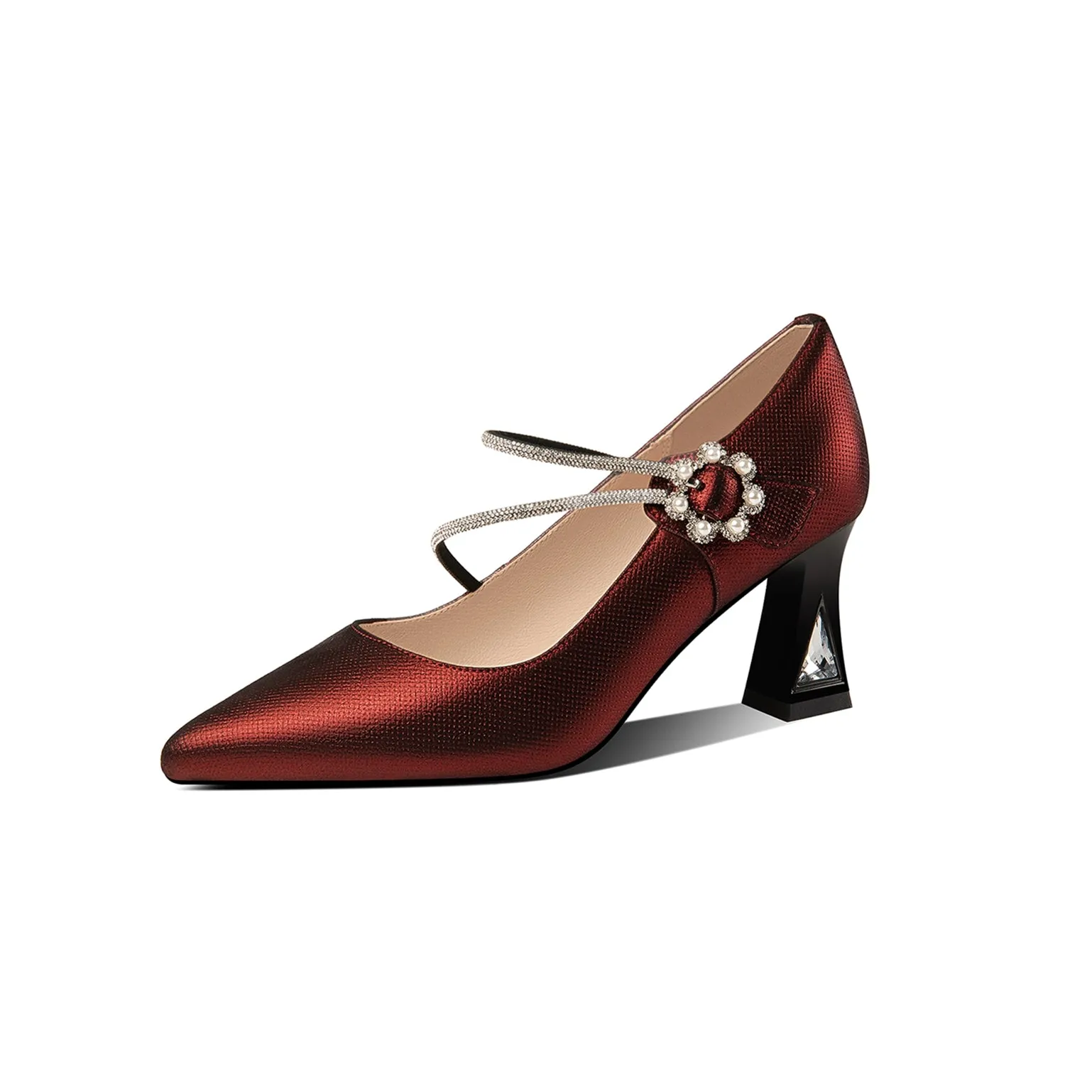 TinaCus Women's Pointed Toe Genuine Leather Handmade Flower Buckle Mid Chunky Heels Graceful Pumps Shoes