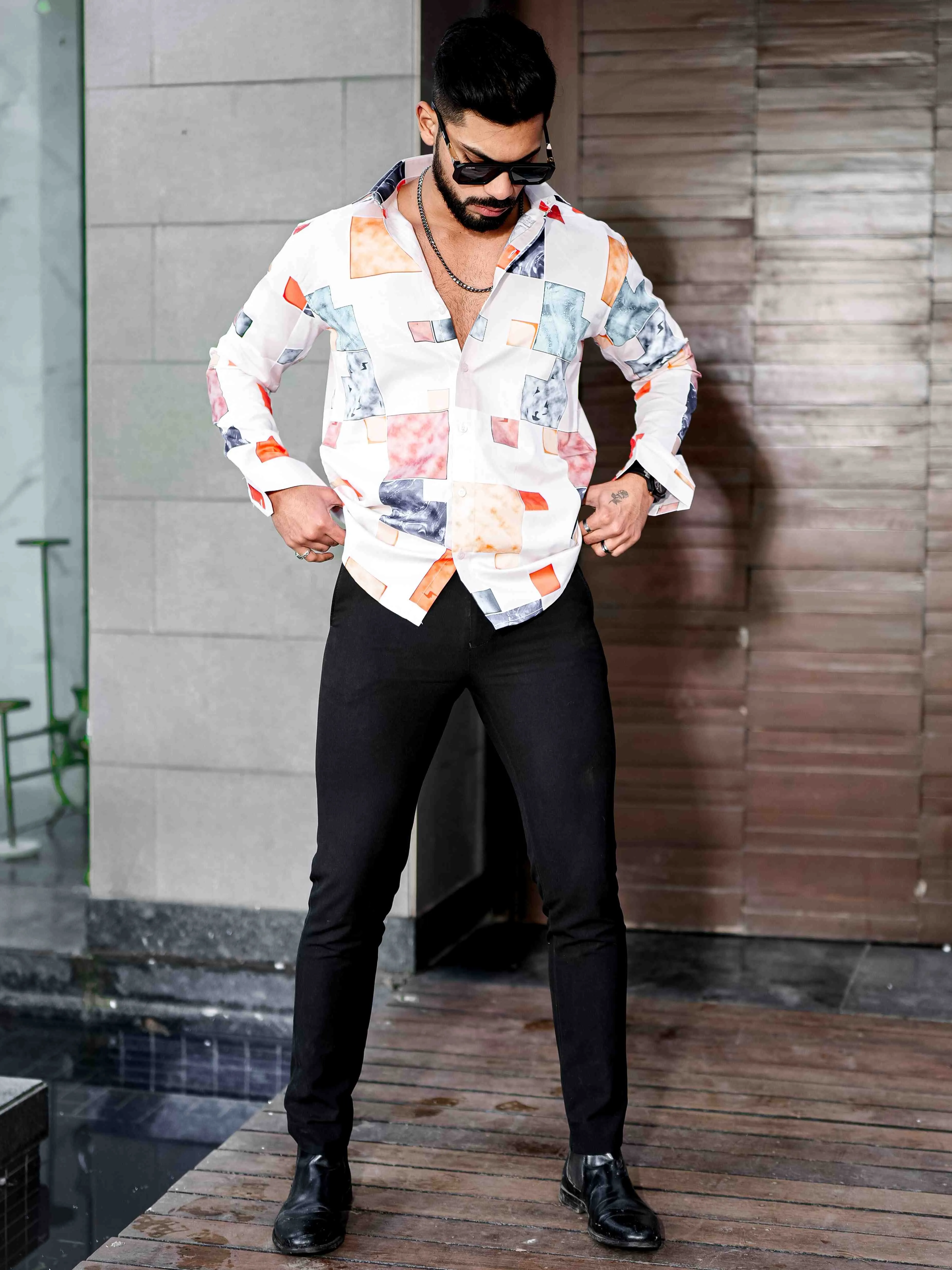 White Giza Cotton Print Premium Shirt