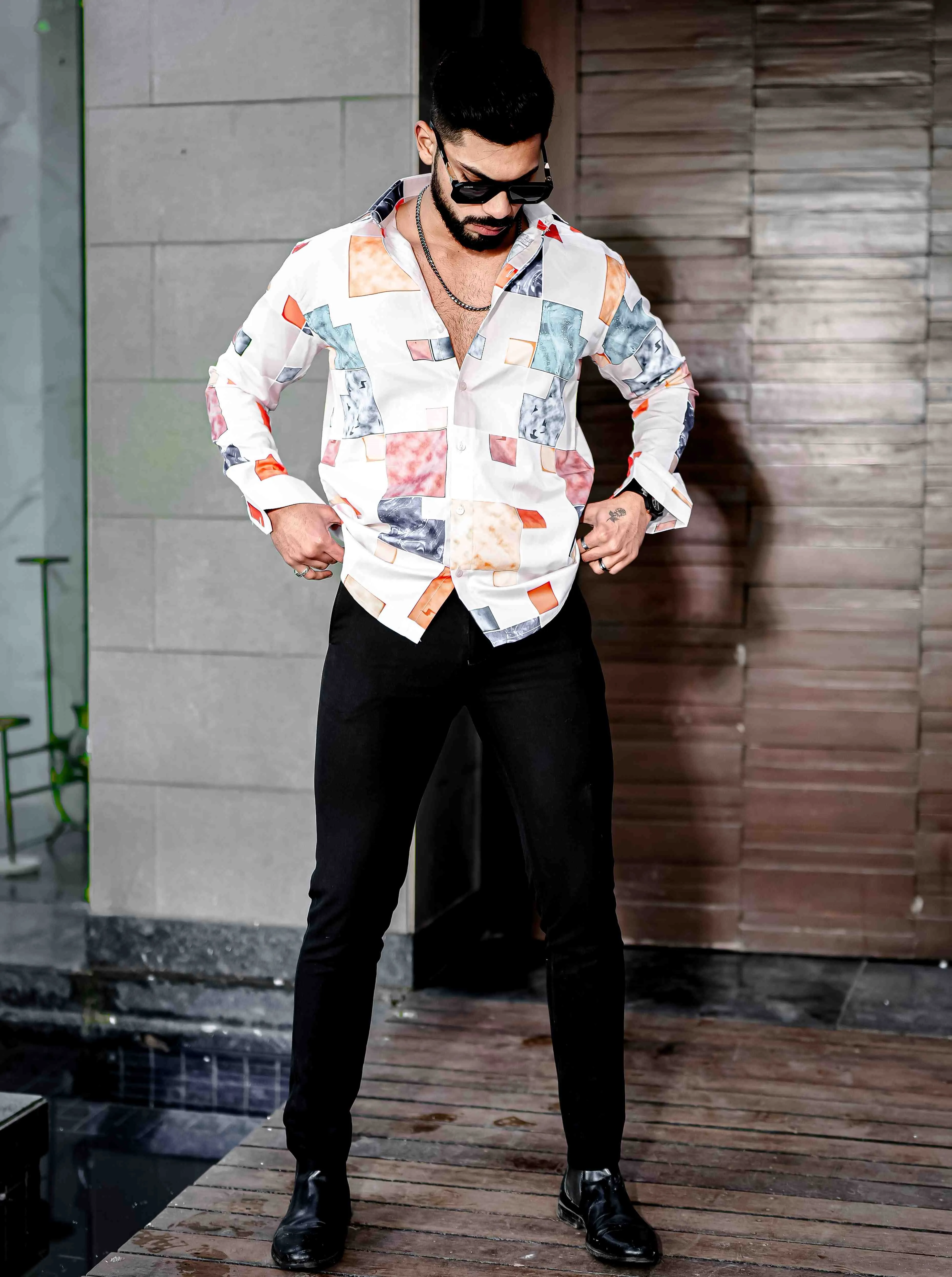 White Giza Cotton Print Premium Shirt