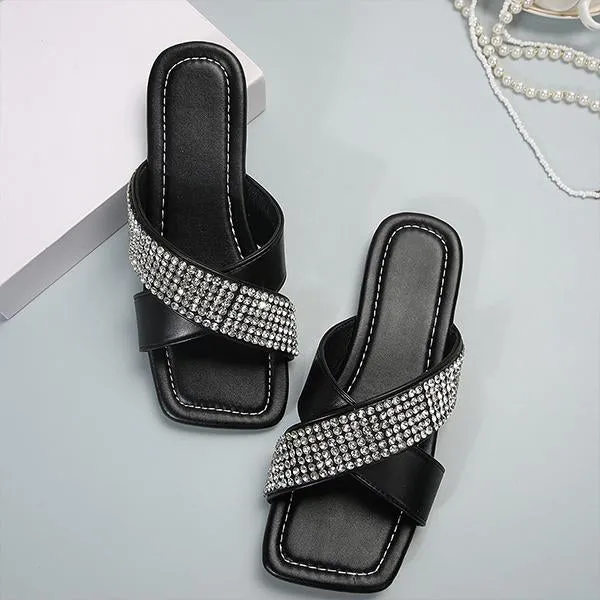 Women's Fashion Rhinestone Square Toe Flat Slippers 96265974S
