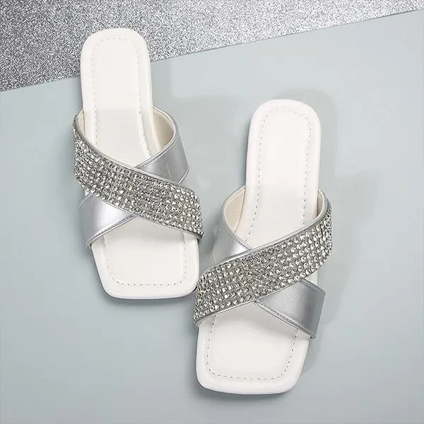 Women's Fashion Rhinestone Square Toe Flat Slippers 96265974S