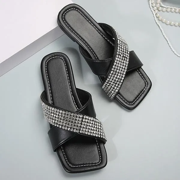 Women's Fashion Rhinestone Square Toe Flat Slippers 96265974S