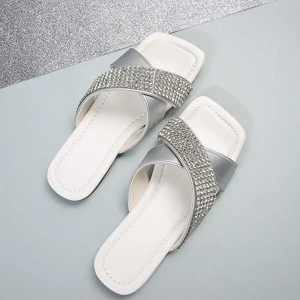 Women's Fashion Rhinestone Square Toe Flat Slippers 96265974S