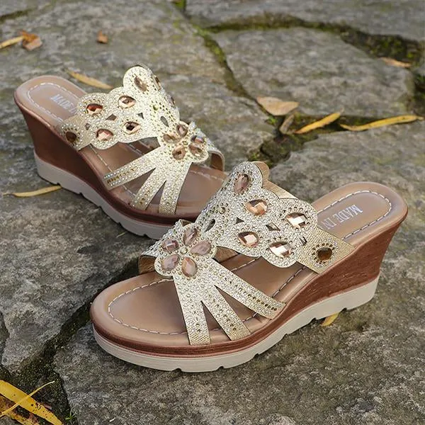 Women's Fashionable Rhinestone Thick Sole Wedge Slippers 34681173S