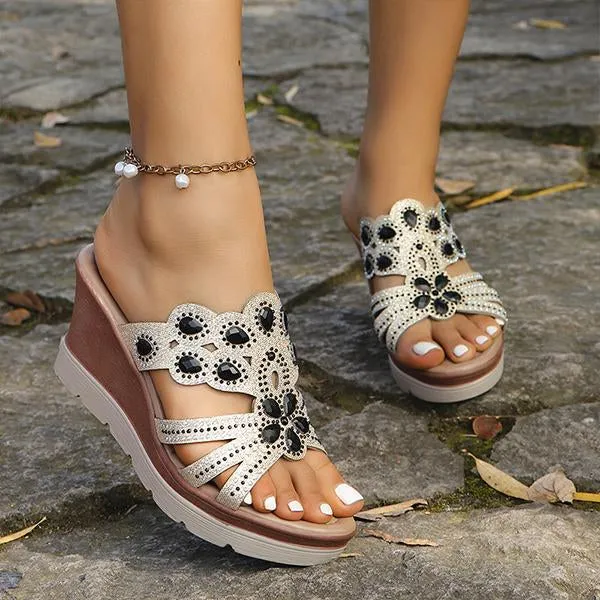 Women's Fashionable Rhinestone Thick Sole Wedge Slippers 34681173S