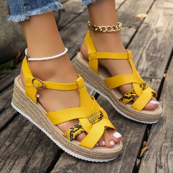 Women's Fashionable Snake Pattern Espadrille Wedge Sandals 79062658S