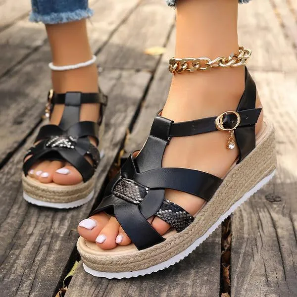 Women's Fashionable Snake Pattern Espadrille Wedge Sandals 79062658S