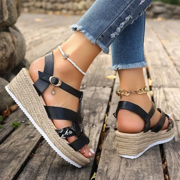 Women's Fashionable Snake Pattern Espadrille Wedge Sandals 79062658S