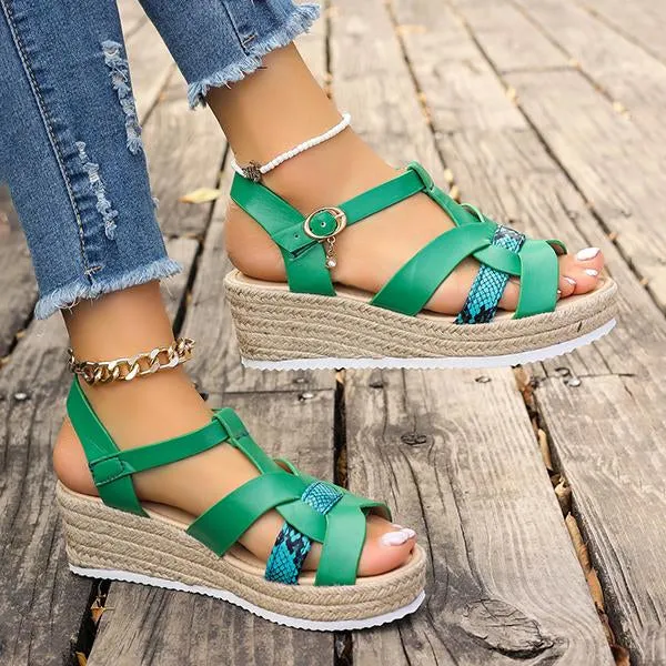Women's Fashionable Snake Pattern Espadrille Wedge Sandals 79062658S