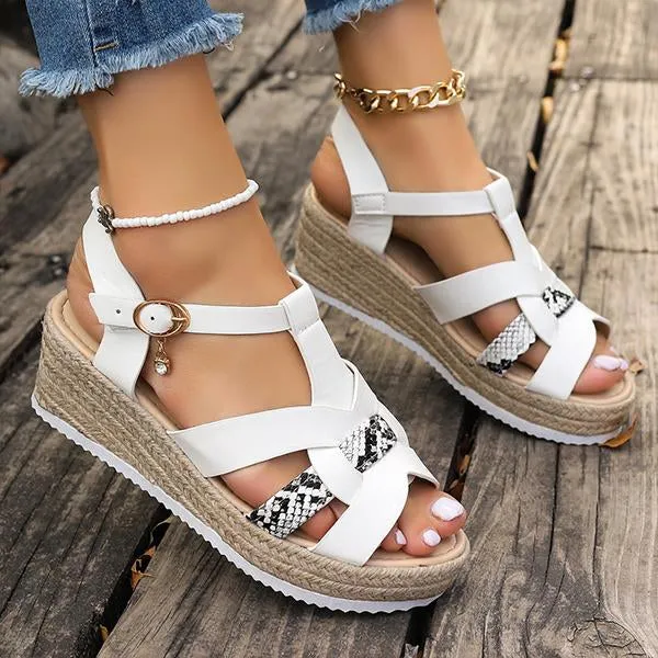 Women's Fashionable Snake Pattern Espadrille Wedge Sandals 79062658S