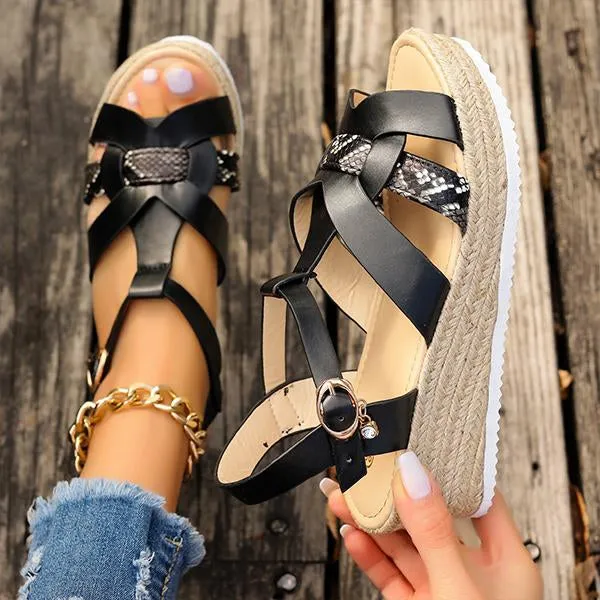 Women's Fashionable Snake Pattern Espadrille Wedge Sandals 79062658S