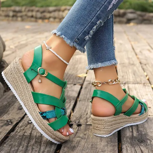 Women's Fashionable Snake Pattern Espadrille Wedge Sandals 79062658S