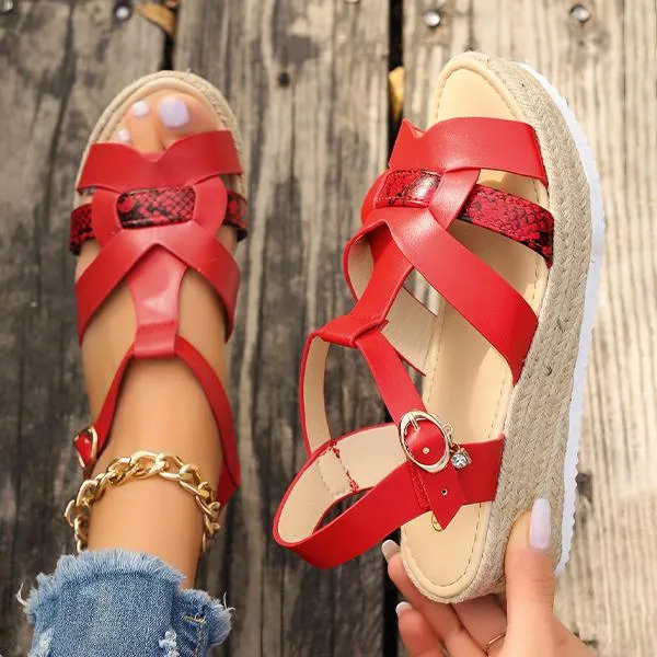 Women's Fashionable Snake Pattern Espadrille Wedge Sandals 79062658S