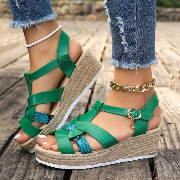 Women's Fashionable Snake Pattern Espadrille Wedge Sandals 79062658S