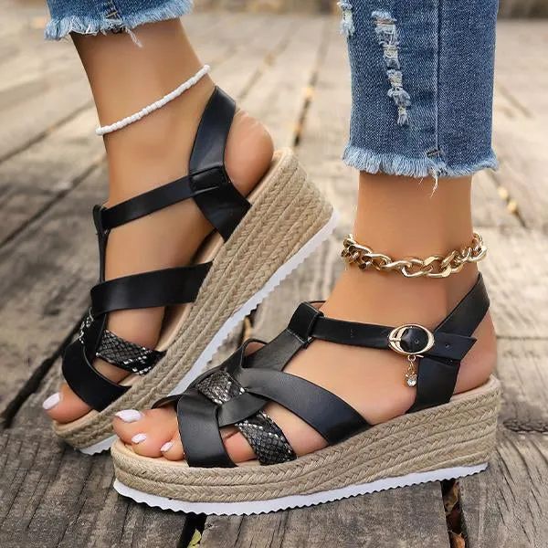 Women's Fashionable Snake Pattern Espadrille Wedge Sandals 79062658S