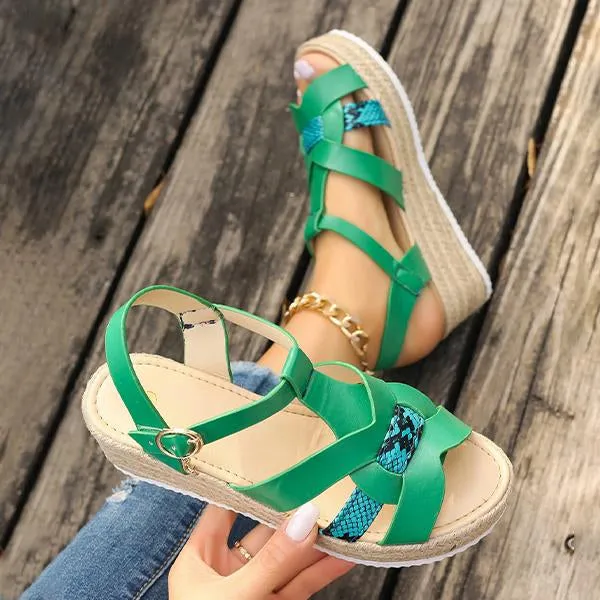 Women's Fashionable Snake Pattern Espadrille Wedge Sandals 79062658S