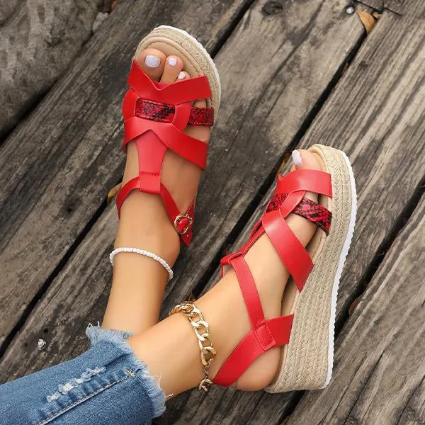 Women's Fashionable Snake Pattern Espadrille Wedge Sandals 79062658S
