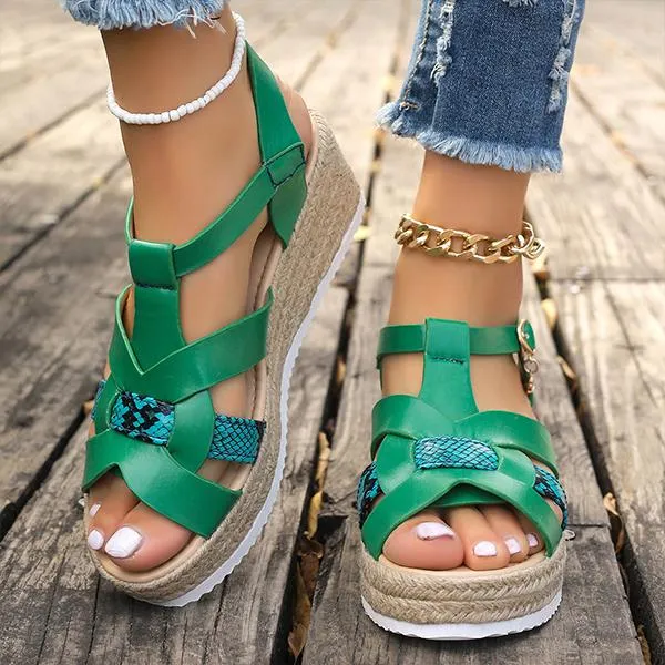 Women's Fashionable Snake Pattern Espadrille Wedge Sandals 79062658S