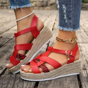 Women's Fashionable Snake Pattern Espadrille Wedge Sandals 79062658S