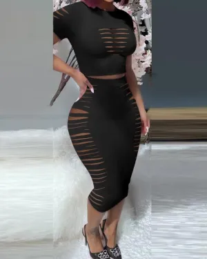 Women's Sexy Ripped 2 Piece Skirt Set
