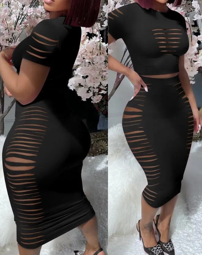 Women's Sexy Ripped 2 Piece Skirt Set