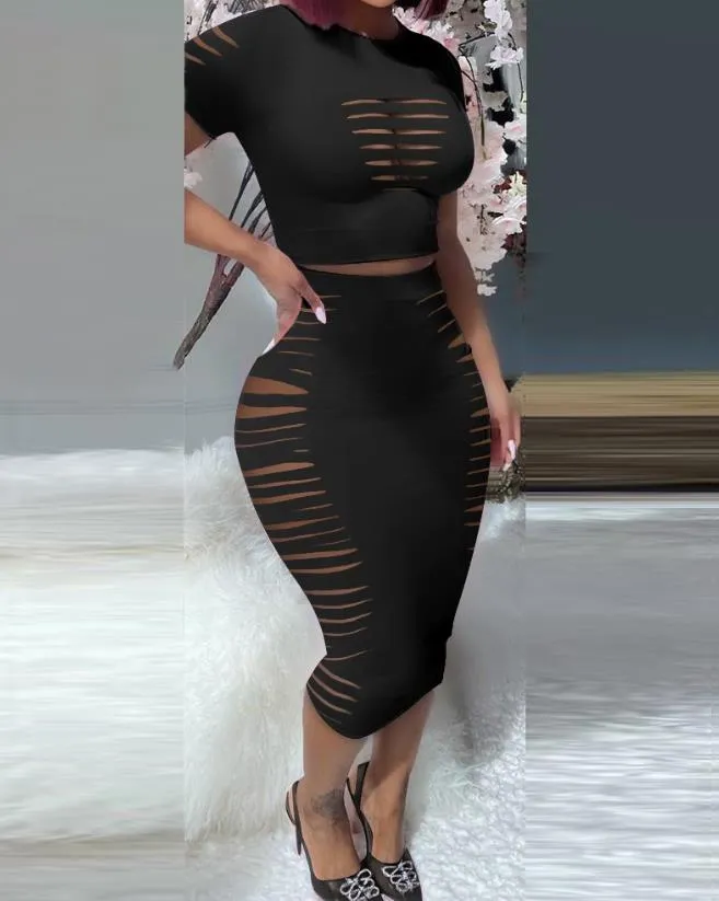 Women's Sexy Ripped 2 Piece Skirt Set